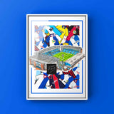 Blackburn ROvers inspired football artwork inspired by the historical jerseys of the past and the current stadium Ewood Park