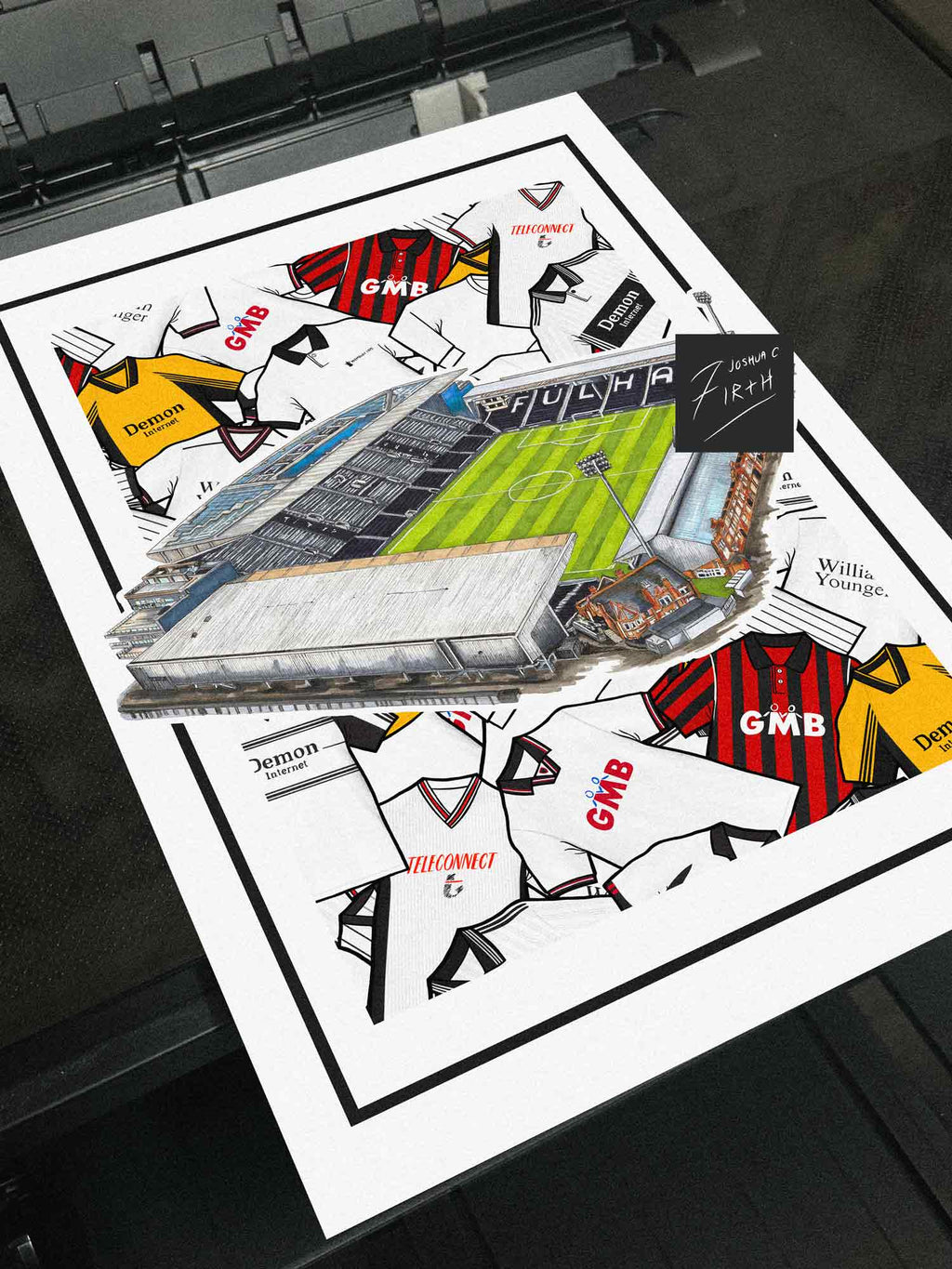 Celebrate Fulham heritage with this print of retro shirts & Craven Cottage available in different sizes, perfect for FFC fans! Unofficial & independent