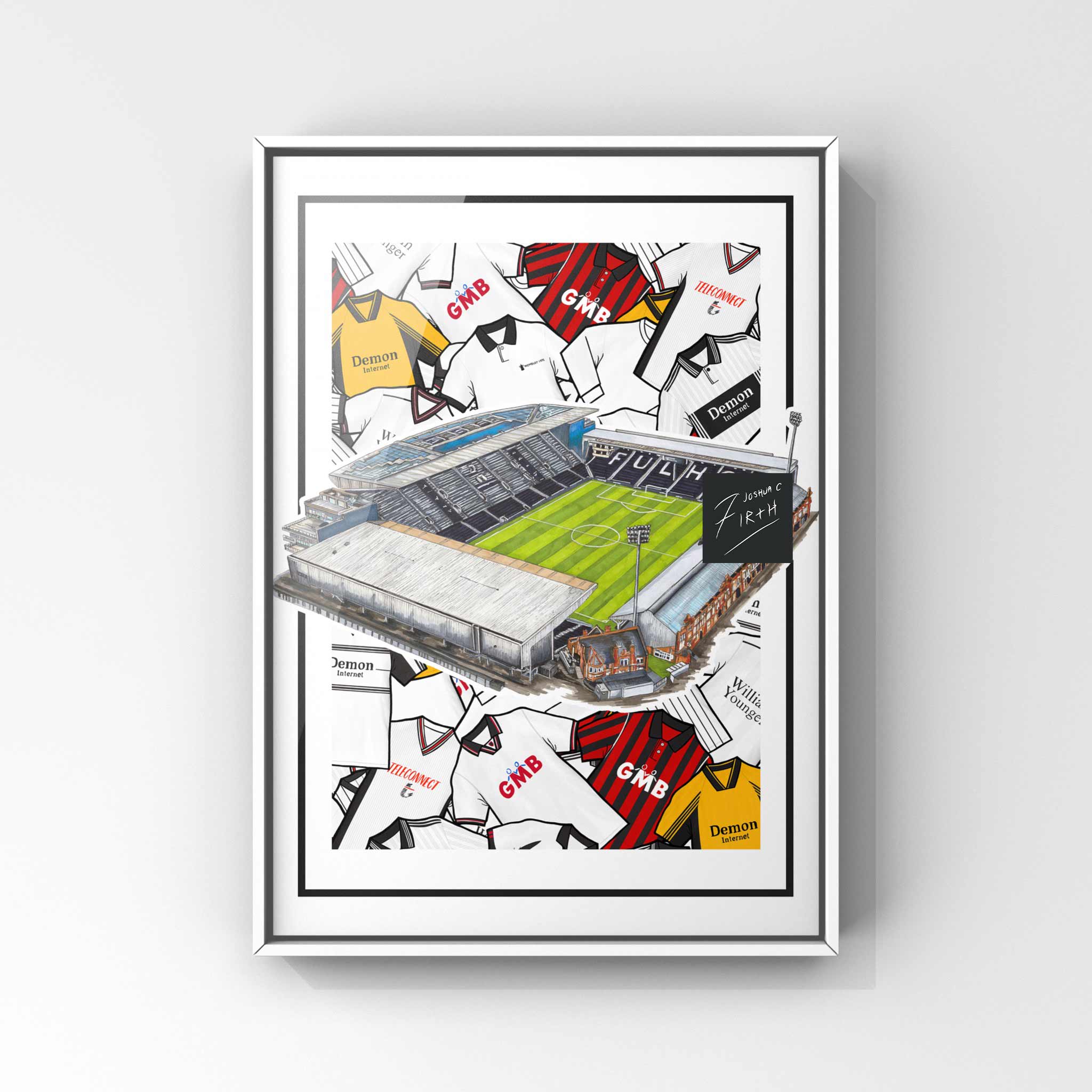 Celebrate Fulham heritage with this print of retro shirts & Craven Cottage available in different sizes, perfect for FFC fans! Unofficial & independent