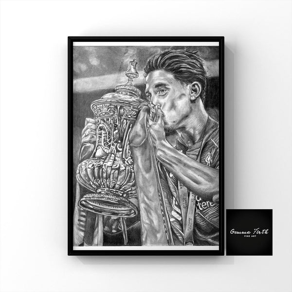 This is a print of one of my original drawings, Liverpool player, Kostas Tsimikas. This piece celebrates Liverpool’s FA cup win. 