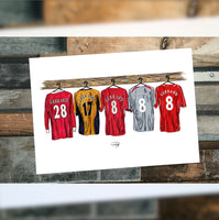 Gerrard football shirt print. Gerrard football shirt. Steven Gerrard football shirt. This a Steven Gerrard themed digital drawing detailing a variety of his shirts throughout his career. (not every shirt he played in, just a selection).  This is not every shirt he played in, but gives an idea of some of the significant kits he played in. This is a digital illustration I have created on ProCreate. 