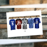 Andrea Pirlo print. Pirlo football shirt. Pirlo iconic shirt. This a Pirlo themed digital drawing of three shirts showing kits from throughout his career (not every shirt he played in, just a selection).   This is not every shirt he played in, but gives an idea of some of the teams he played for. This is a digital illustration I have created on ProCreate. 