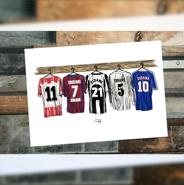 Zidane football shirt. Zidane Print. Zidane iconic football shirts. This a Zidane themed digital drawing of three shirts showing kits from throughout his career (not every shirt he played in, just a selection).   This is not every shirt he played in, but gives an idea of some of the teams he played for. This is a digital illustration I have created on ProCreate. 