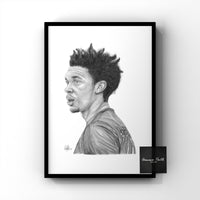 Trent Alexander Arnold pencil drawing print poster print. This piece is now available to buy as prints. it shows Trent Alexander Arnold from one side and is now available as poster prints in A$, A3 and A5 size. Free uK delivery too