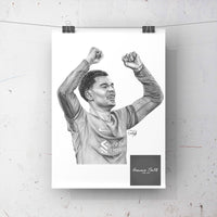 This is a print of one of my original drawings, Liverpool Forward Cody Gakpo. This print would be a fantastic gift for any Liverpool fan, suitable for any room. The prints are available in A5, A4 and A3 sizes and will also be signed by myself. They are extremely easy to frame. 