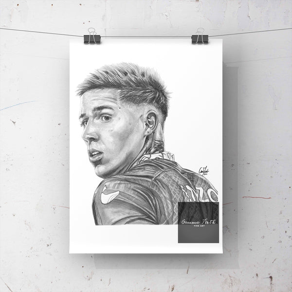 Print of Chelsea’s Enzo Fernandez drawn using graphite pencil and white pen. This print would be a fantastic gift for any Chelsea fan, suitable for any room. 