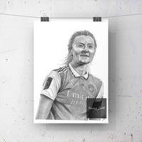 This is a print of one of my original drawings, Arsenal Women's player Leah Williamson. The prints are A4, A5 and A3 in size and will also be signed by myself. They are extremely easy to frame. Please note the A5 prints have a more emphasised texture due to the choice of paper. This print would be a fantastic gift for any arsenal fan, suitable for any room. women's football, women's sport women's football print