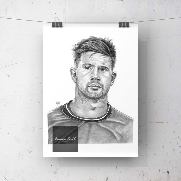 Pencil Drawing of Kevin De Bruyne. Poster prints are available in A3, A4 and A5 size. Kevin De Bruyne MCFC inspired drawing. This is a great product for any Man City fan that loves 100% unofficial artwork such as this. Kevin De Bruyne poster print football artwork