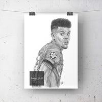 Luis Diaz Print Poster Print Liverpool Artwork. Graphite Pencil Drawing of Liverpool Winger Luis Diaz. This drawing is now available in A5, A4 and A3 sizes and is extremely easy to frame. Fantastic gift for any Liverpool Fan or collector. 