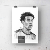 Tyler Adams leeds player wall art. This is a print of one of my original drawings, Leeds United player Tyler Adams. This print would be a fantastic gift for any Leeds fan, suitable for any room. All of my prints are extremely easy to frame and are available in A5, A4 and A3 sizes. 