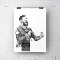 This is a print of one of my original drawings, Liverpool GK Alisson Becker. The drawing is done in graphite pencil and white pen, and is based off an in game shot of the goalkeeper. This print would be a fantastic gift for any Liverpool fan, suitable for any room. The print is available in A5, A4 and A3 sizes so they are perfect for any sized room or bar! 