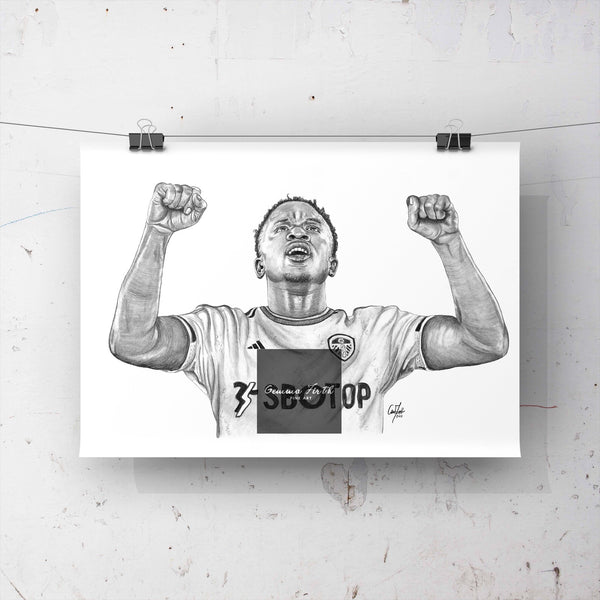 Luis Sinisterra Drawing Wall Art Football artwork. This is a print of one of my original drawings, Leeds United player Luis Sinisterra. This print would be a fantastic gift for any avid Leeds fan, suitable for any room. Prints are available in A5, A4 and A3 sizes and are extremely easy to frame. 