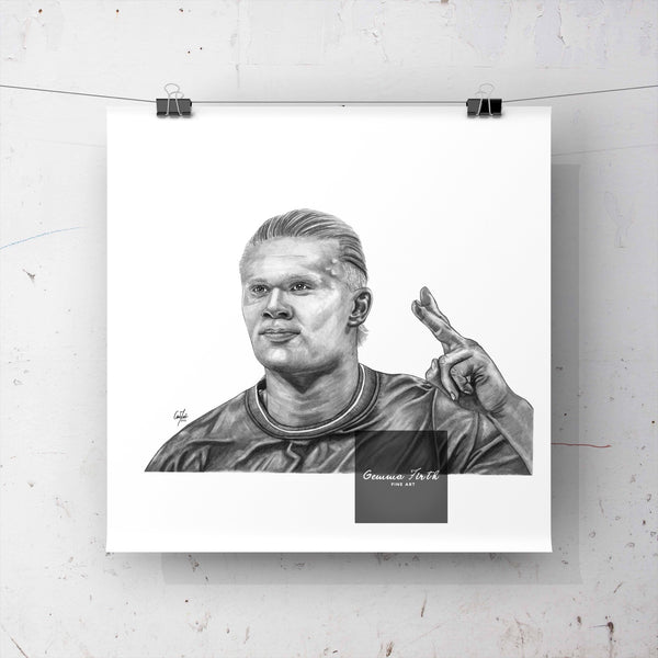 Prints of a Graphite Pencil Drawing of Erling Haaland, Man City Forward. This print would be a fantastic gift for any City fan, suitable for any room. The prints are available in A5, A4 and A3 sizes and are extremely easy to frame yourself.