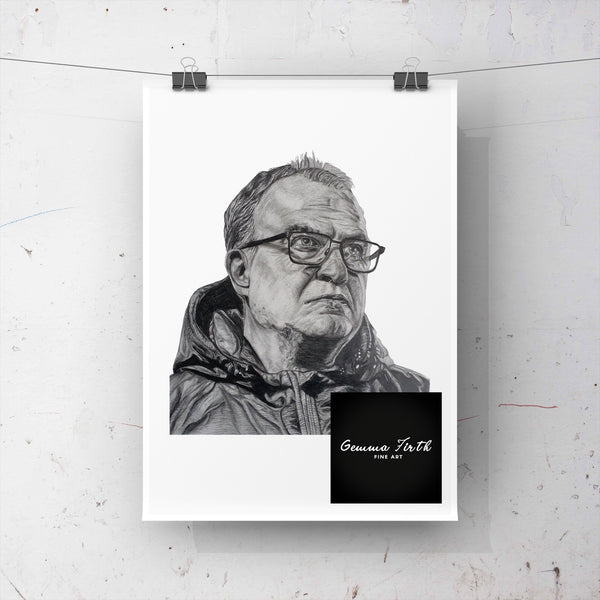 This pencil drawing of Former Leeds United Manager Marcelo Bielsa is done in graphite pencil and is available in A5, A4 and A3 sizes. All of my drawings are done in graphite pencil and white pen.  The print is ideal for any room, and is a great present for any Leeds Fan. Please see the photographs provided of the print you will receive. Each print is done on 240-300gsm paper depending on the availability. However, either paper thickness is great for framing. 