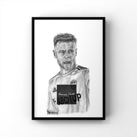 This is a print of one of my original drawings, Leeds Defender Liam Cooper. This print would be a fantastic gift for any Leeds fan, suitable for any room. The prints are available in A5, A4 and A3 sizes and will also be signed by myself. They are extremely easy to frame. 