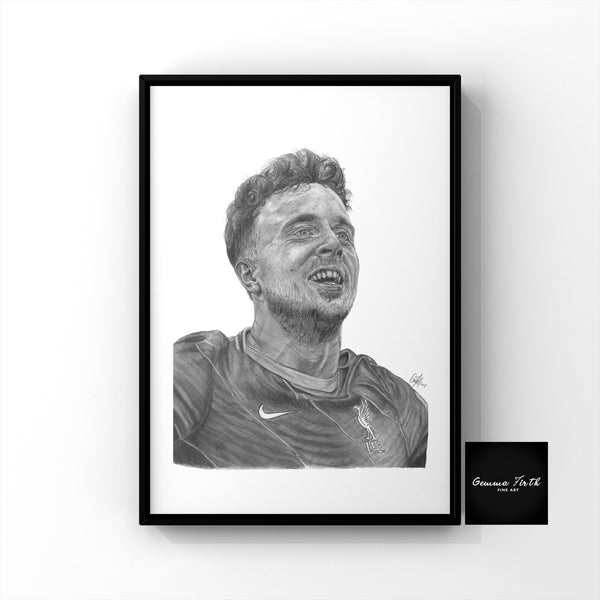 Diogo jota liverpool print. Diogo Jota Wall art. This is a print of one of my original drawings, Liverpool forward Diogo Jota. This print would be a fantastic gift for any Liverpool fan, suitable for any room. This print is also available in A5, A4 and A3 sizes so it is perfect for any room, or even a home bar!