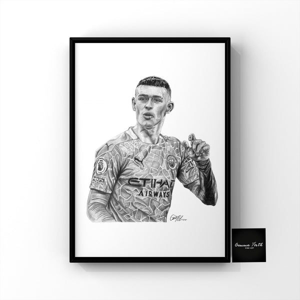 This is a print of one of my original drawings, Manchester City player Phil Foden. This print would be a fantastic gift for any Manchester City fan, suitable for any room. Prints are now available in A4, A5 and A3 Size.  Phil foden print. gifts for Man City fan. Man City fan gift.