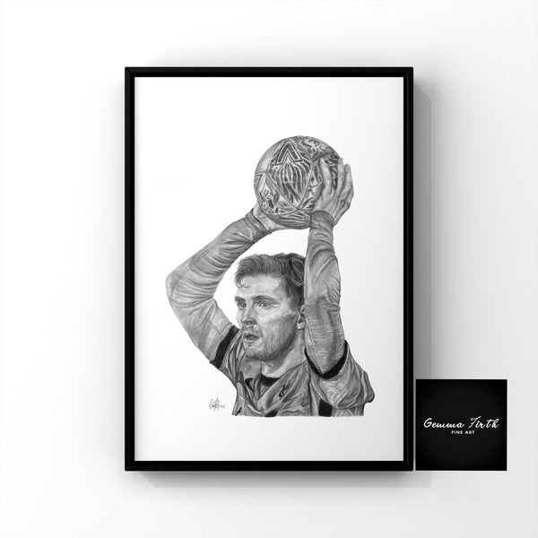 Graphite Pencil Drawing of Liverpool left Back Andy Robertson. This print would be a fantastic gift for any Liverpool fan, suitable for any room. Prints are now available in A5, A4 and A3 size.  Andy Robertson liverpool print. Andy Robertson wall art. liverpool themed wall art. football wall art