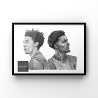 Graphite Drawings of Trent Alexander Arnold and Curtis Jones. This print combines two separate drawings in one, symbolising the scousers in the current liverpool team. This print is great for any Liverpool fan. A4, A5 and A3 sizes are available. Trent Alexander Arnold and Curtis jones poster print