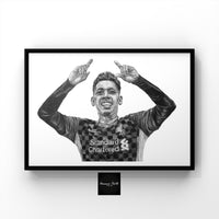 Graphite pencil drawing of Liverpool Forward Roberto Firmino. This pencil drawing is now available as A5, A4 and A3 sized prints. This print would be a fantastic gift for any Liverpool fan, suitable for any room. 