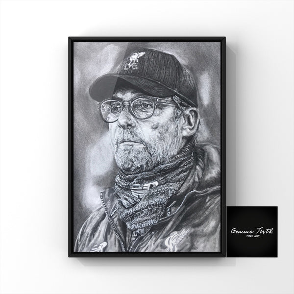 Jurgen Klopp Drawing Jurgen Klopp Wall Art. This is a print of one of my Jurgen Klopp drawings. This print of drawing done completely in graphite, charcoal and white pen.Prints of this drawing are available in A5, A4 and A3 sizes, great for any room for any Liverpool fan. This item could be perfect for any man cave, living room, games room or even home bar. Perfect for a memorabilia collector to add to their collection. 