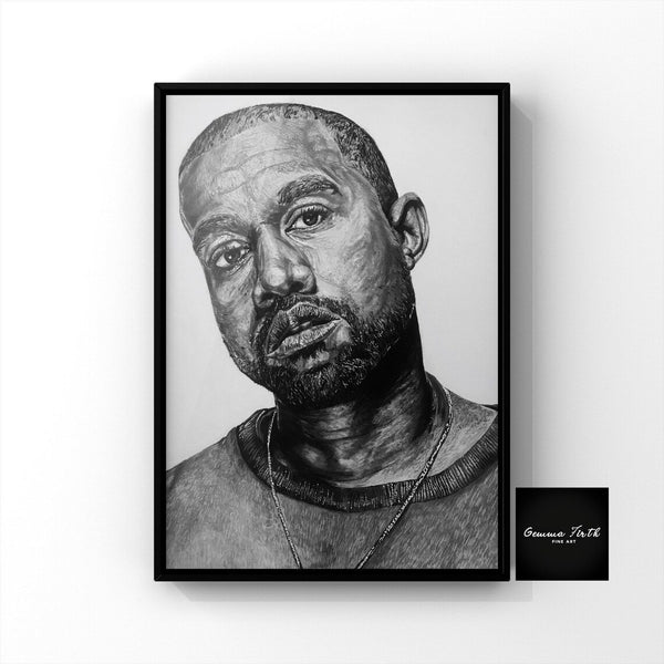 This is a hand drawing of Kanye West by myself. This is a heavyweight print version of the original drawing. You get the same quality of the drawing at an affordable price! All prints created by myself are from my own original drawings, proof of creation can be found on my Instagram, g_art3. All drawings are created with graphite pencils, charcoal and acrylic pen.