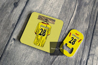 Gerrard gift idea. Gerrard gift set. football gift. football gift set. liverpool fan gift. This is a coaster and bottle opener gift set perfect for any Liverpool fan. It shows a retro Liverpool Kit with Gerrard 28 on the back, a kit from 98-99 season, very early in his career. This design celebrates the retro kits and iconic players.