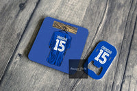 Chelsea fan gift. drogba print football coaster. football gift. football gift set. This is a coaster and bottle opener gift set perfect for any Chelsea fan. It shows a retro Chelsea Kit with Drogba 15 on the back, a kit from 05-06 season. This design celebrates the retro kits and iconic players.