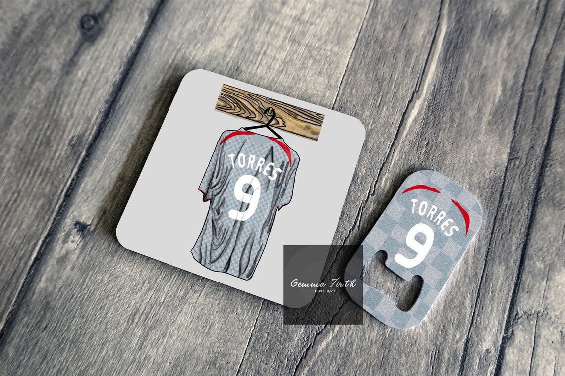 football gift. football fan gift. birthday gift for football fan. Torres gift. Torres coaster. liverpool fan gift. This is a coaster and bottle opener gift set perfect for any Liverpool fan. It shows a retro Liverpool Kit with Torres 9 on the back, a kit from 08-09 season. This design celebrates the retro kits and iconic players.