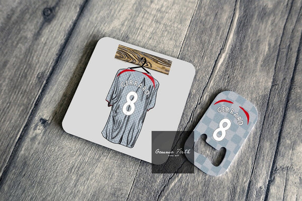 football fan gift. football gifts. football art. This is a coaster and bottle opener gift set perfect for any Liverpool fan. It shows a retro Liverpool Kit with Gerrard 8 on the back, a kit from 08-09 season. This design celebrates the retro kits and iconic players.