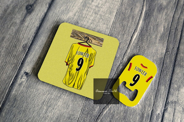 football gift set. football gift. football art. football drawing. football shirt print. This is a coaster and bottle opener gift set perfect for any Liverpool fan. It shows a retro Liverpool Kit with Fowler 9 on the back, a kit from 98-99 season. This design celebrates the retro kits and iconic players.