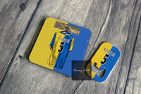 football gift set. football gifts. football drawing. football coaster. Radebe coaster leeds. This is a coaster and bottle opener gift set perfect for any Leeds fan. It shows a retro Leeds Kit with Radebe 5 on the back, a kit from 97-99 season. This design celebrates the retro kits and iconic players.