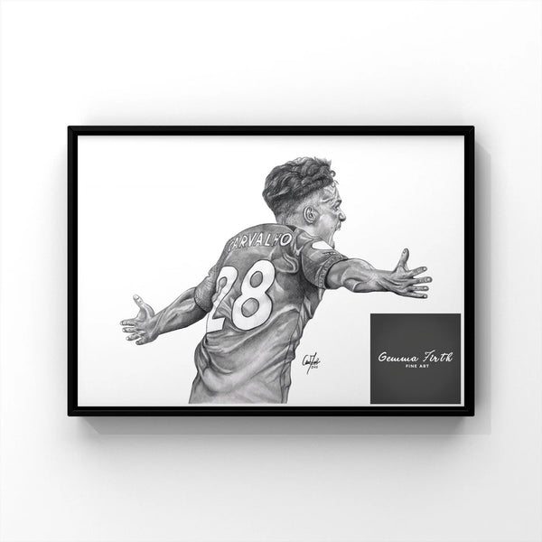 This is a print of one of my original drawings, Liverpool player Fabio Carvalho. The prints are A4, A5 and A3 in size and will also be signed by myself. They are extremely easy to frame. Please note the A5 prints have a more emphasised texture due to the choice of paper. This print would be a fantastic gift for any Liverpool fan, suitable for any room. liverpool print. liverpool gift idea. liverpool wall art. liverpool football drawing